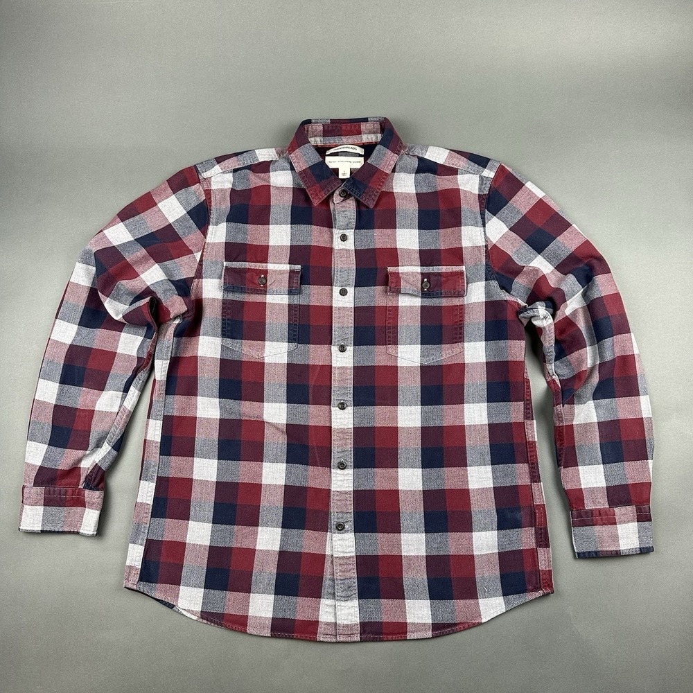 Goodthreads Flannel Shirt Mens Large Burgundy Navy Plaid Cotton Button Down L